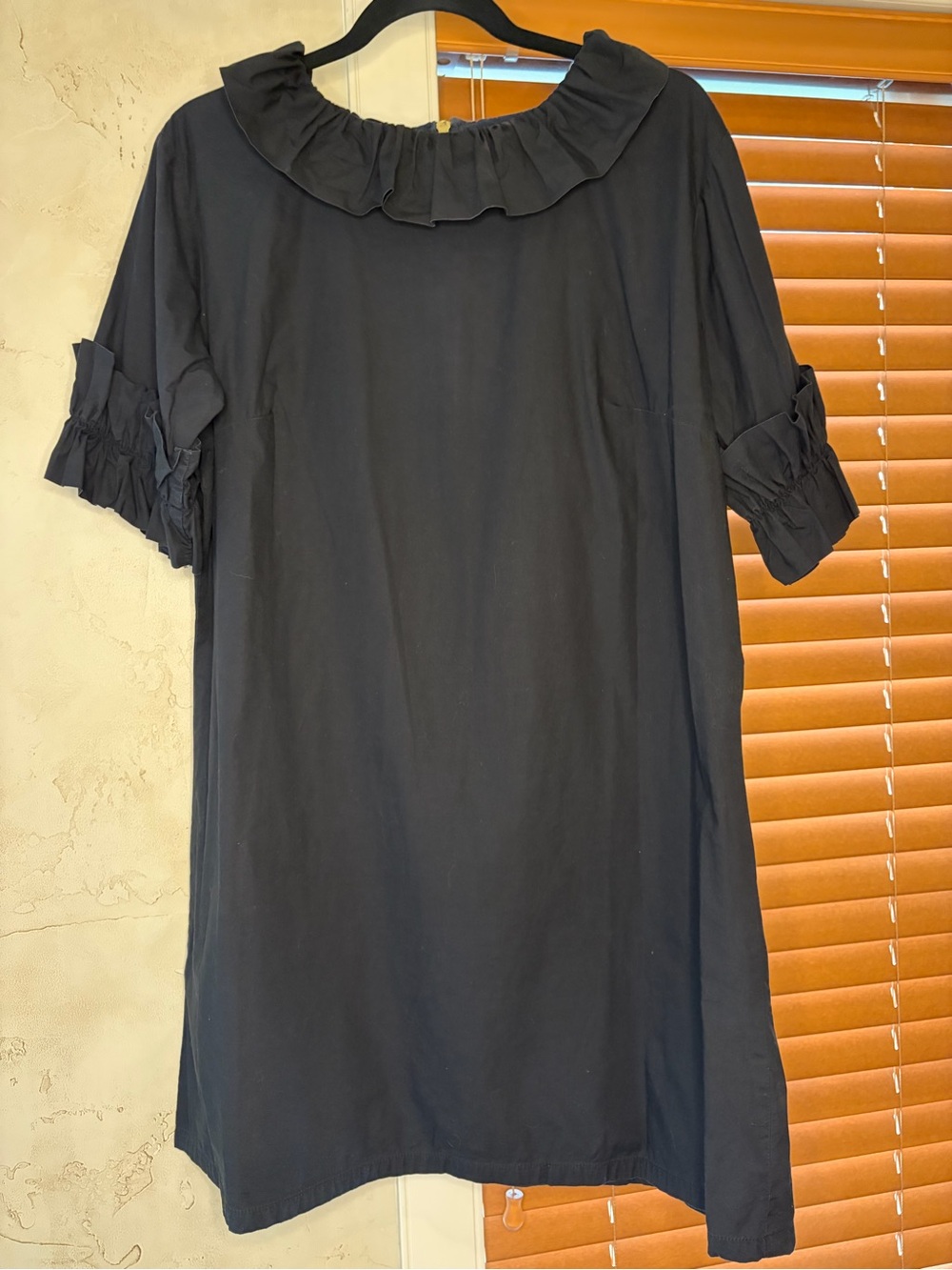 Elizabeth Wilson Black Ruffle-Neck Mini Dress with Gathered Short Sleeves